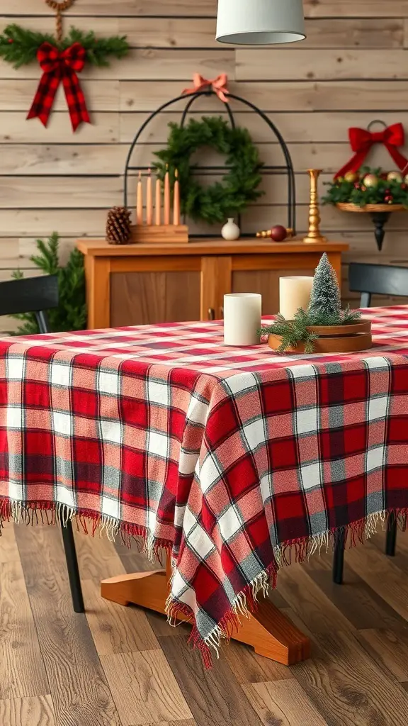 29+ Rustic Christmas Table Décor Ideas for a Cozy Holiday Celebration 15 A rustic Christmas table set with a red and black plaid tablecloth, candles, and evergreen decorations.