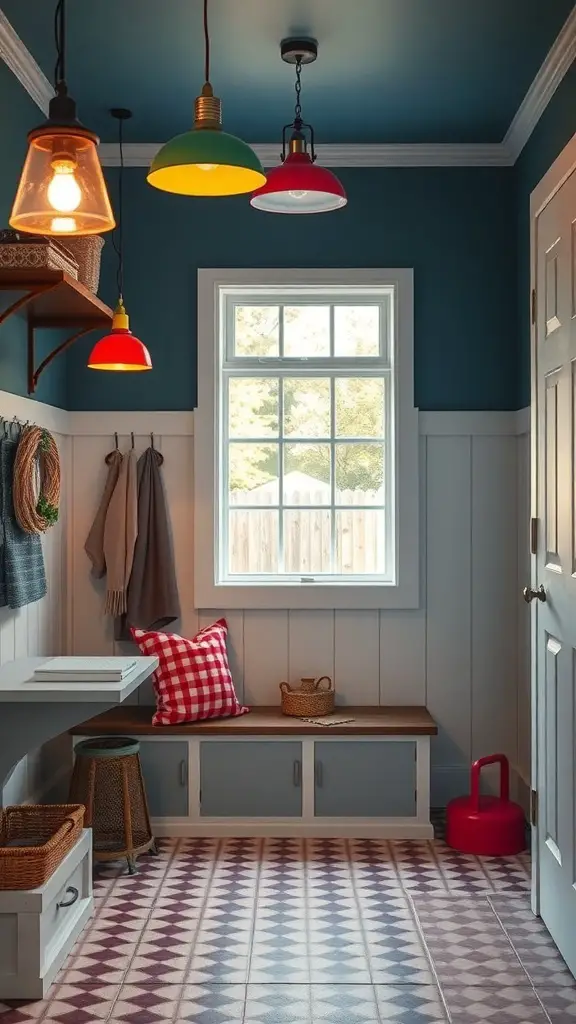 25+ Stylish Mudroom Lighting Ideas to Illuminate Your Space 13 A colorful mudroom with various light fixtures, including red, green, and yellow pendant lights.