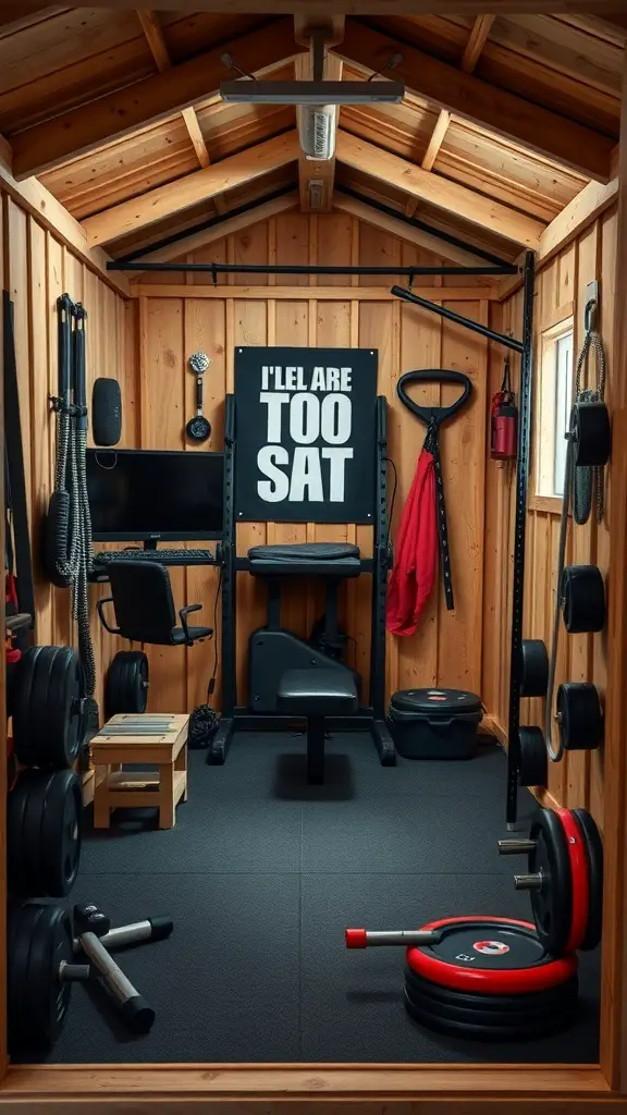 Interior of a compact shed gym featuring weights, a workout bench, and a motivational poster.