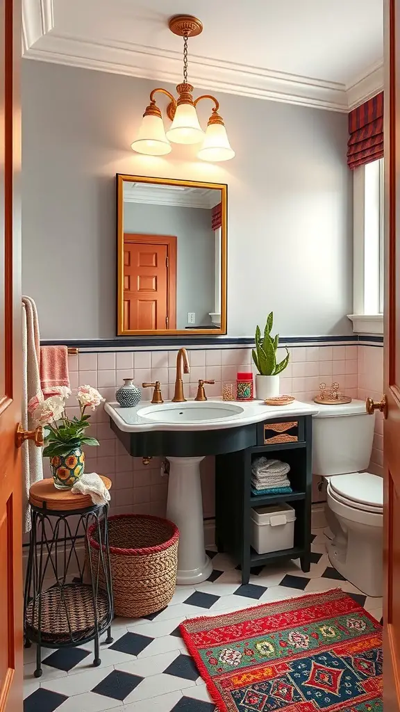 A beautifully designed bathroom with colorful accents, featuring a vibrant rug, plants, and stylish fixtures.