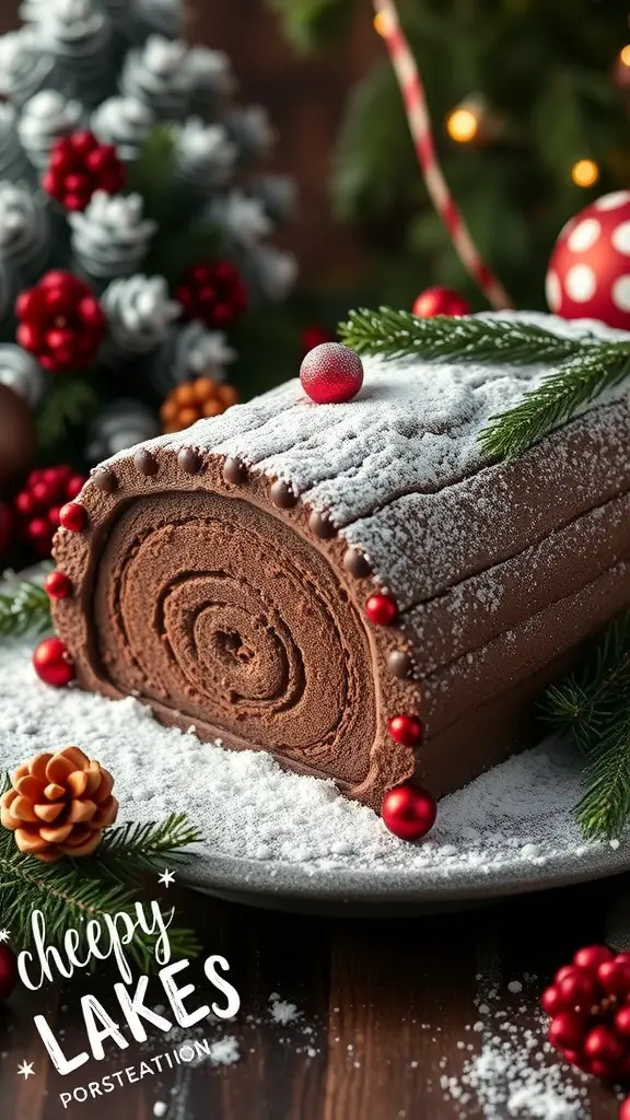 A beautifully decorated chocolate yule log surrounded by festive ornaments and pine branches.