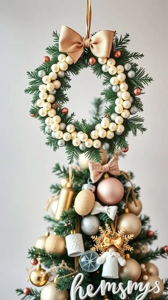 27+ Stunning Pearl Christmas Tree Decorations for a Glamorous Holiday Look 16 A beautiful wreath made with pearls and greenery, featuring a bow on top.