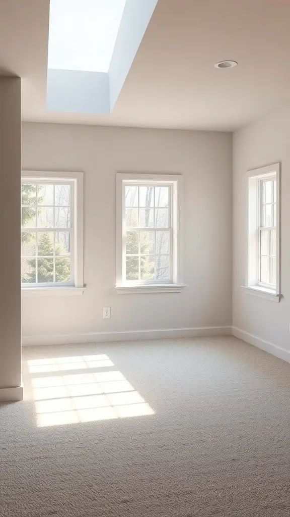 Bright basement with egress windows and a skylight, featuring neutral decor and soft carpet.