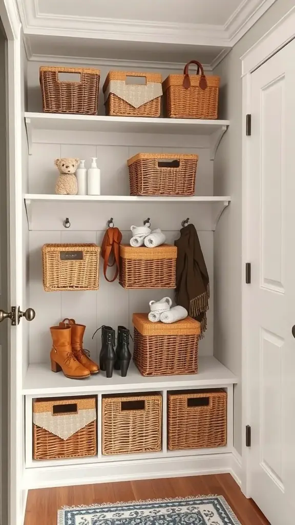 Organized mudroom closet with various baskets on shelves