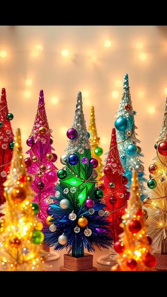 Colorful crystal Christmas trees with ornaments and lights