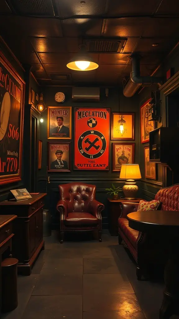 23+ Hidden Gem Speakeasies to Discover in the Basement 14 A cozy speakeasy basement with vintage decor, leather seating, and framed posters.