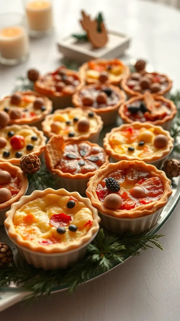 A platter of assorted mini quiches decorated for Christmas.