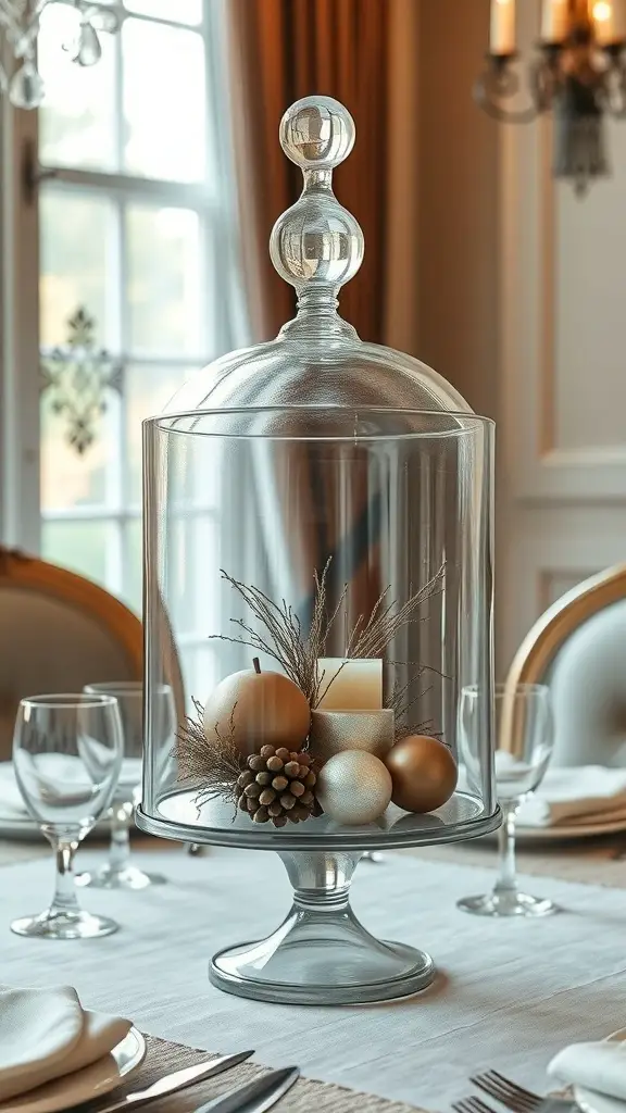 29+ Gorgeous Dollar Tree Centerpieces You Can Create for Any Occasion 12 A glass cloche with decorative items inside, placed on a dining table.