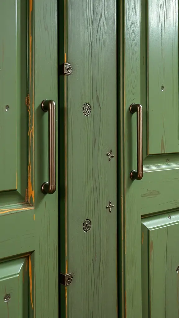 27+ Stunning Green Rustic Kitchen Cabinets for a Charming Makeover 4 Close-up of rustic green kitchen cabinets with black handles