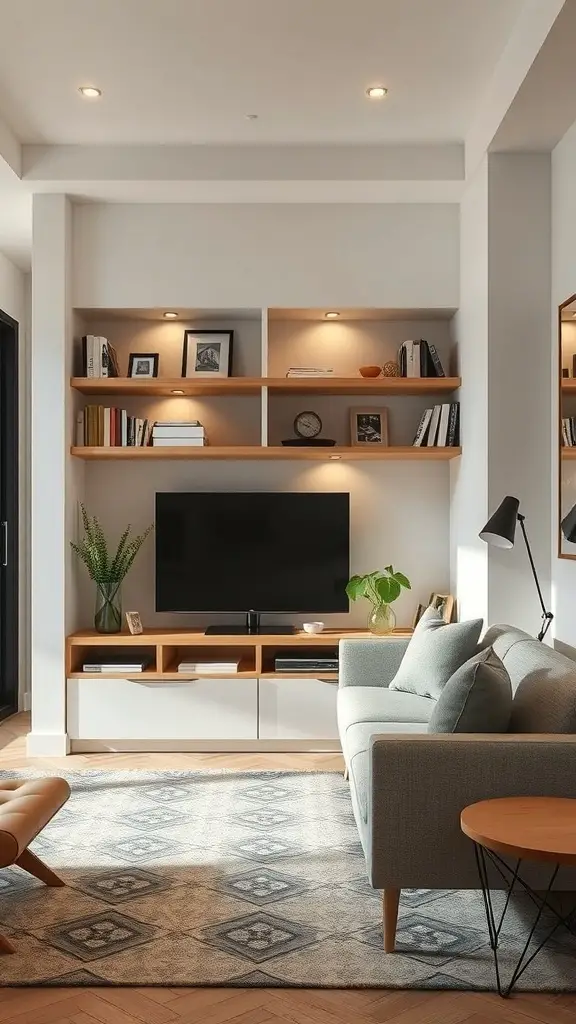 A modern living room featuring built-in shelves with books and decor, a TV unit, and a cozy sofa.