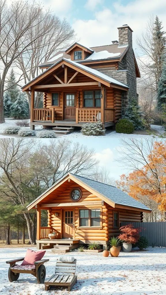 27+ Stunning Off-Grid Cabin Ideas for Your Dream Retreat 13 Two log cabins, one in winter with snow and the other in autumn with colorful leaves.