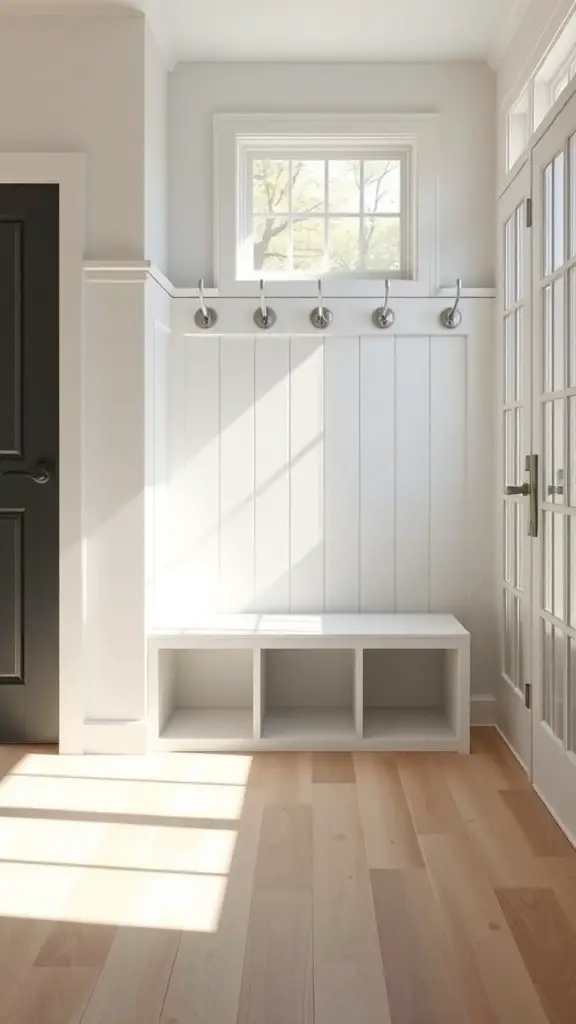 25+ Inspiring DIY Mudroom Bench Ideas to Revamp Your Space 9 A modern minimalist mudroom bench with cubbies and wall hooks in a bright entryway