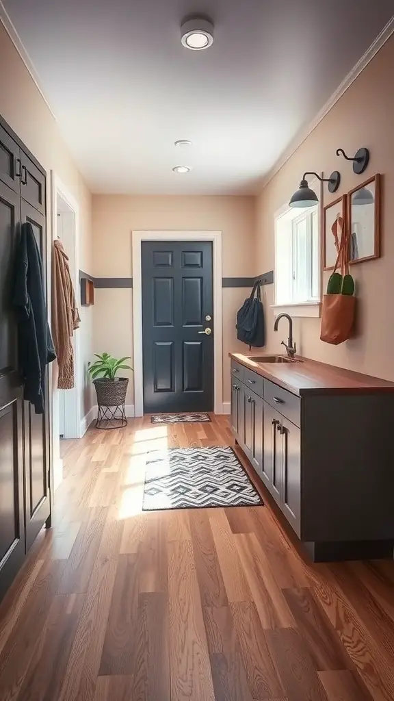 A stylish mudroom with wood flooring, a dark door, and a cozy atmosphere.