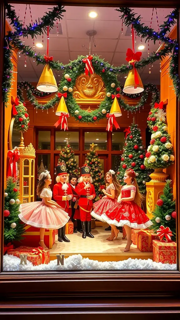 A festive window display featuring a Nutcracker ballet scene with dolls in colorful costumes, surrounded by Christmas decorations.