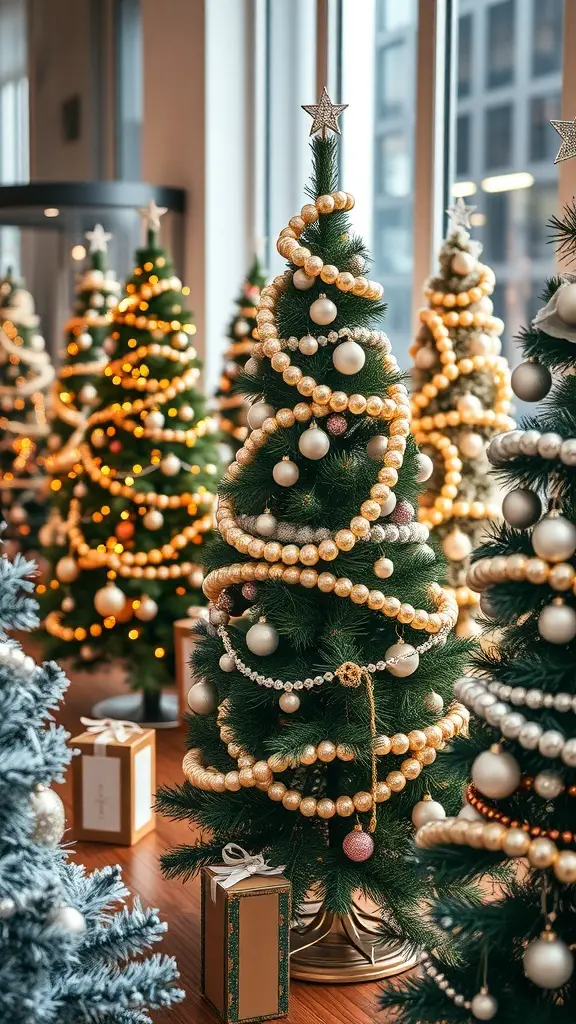 27+ Stunning Pearl Christmas Tree Decorations for a Glamorous Holiday Look 10 A display of pearl Christmas trees with golden decorations and warm lights in a cozy indoor setting.