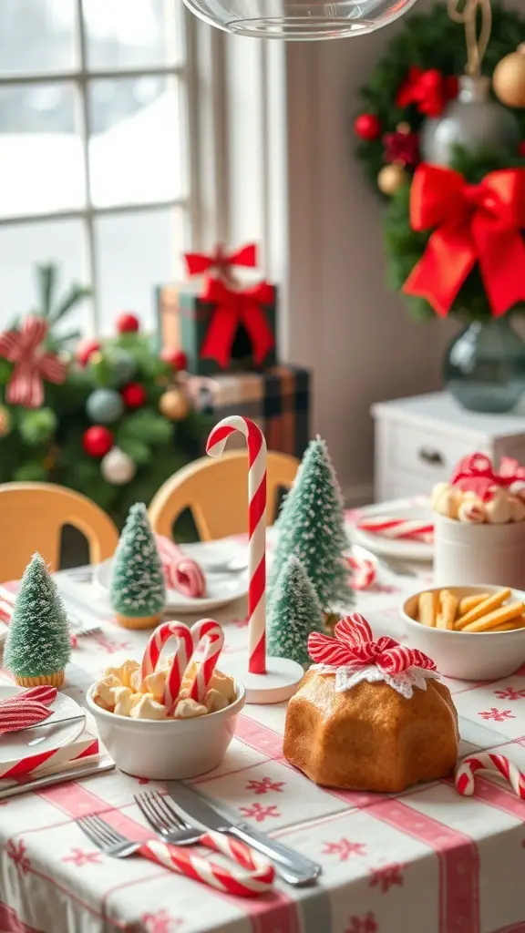 A Christmas dinner table decorated with a colorful candy cane theme, featuring red and white striped tablecloth, small decorative trees, candy canes, and festive snacks.