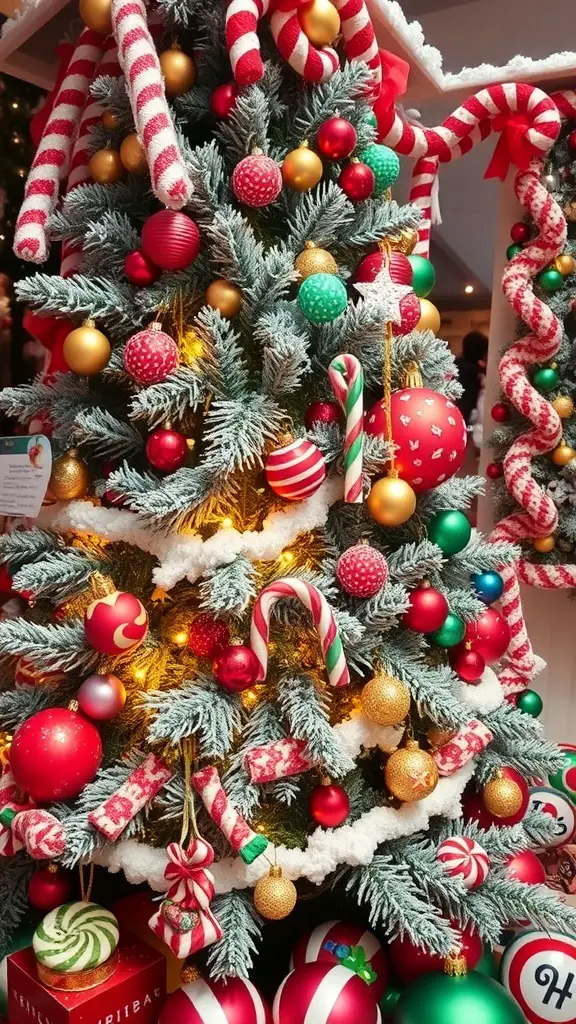 A frosted Christmas tree decorated with candy-themed ornaments, including candy canes and colorful baubles.