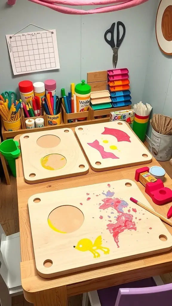 23+ Creative Dollar Tree Cutting Board Crafts You Can Make 11 A colorful kids' craft station with painted cutting boards and various art supplies.