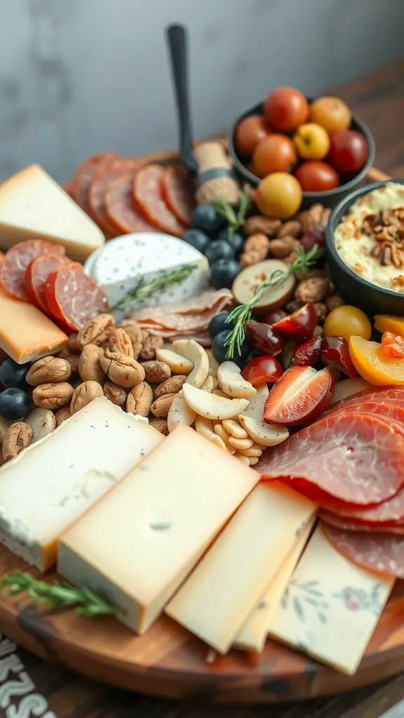 A beautifully arranged cheese and charcuterie board with various cheeses, cured meats, nuts, and fresh fruits.