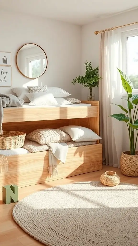 25+ Creative Under Bed Storage Solutions for Small Spaces 14 A cozy bedroom with a wooden bed featuring under bed storage, showcasing eco-friendly storage options like baskets and fabric bags.