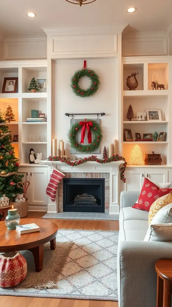 A cozy living room with built-in shelves decorated for the holidays, featuring wreaths, a Christmas tree, and festive accents.