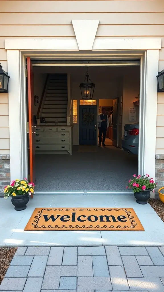 27+ Creative Garage Entryway Ideas for a Stylish Welcome 10 A personalized welcome mat at a garage entryway with flowers and a cozy atmosphere.