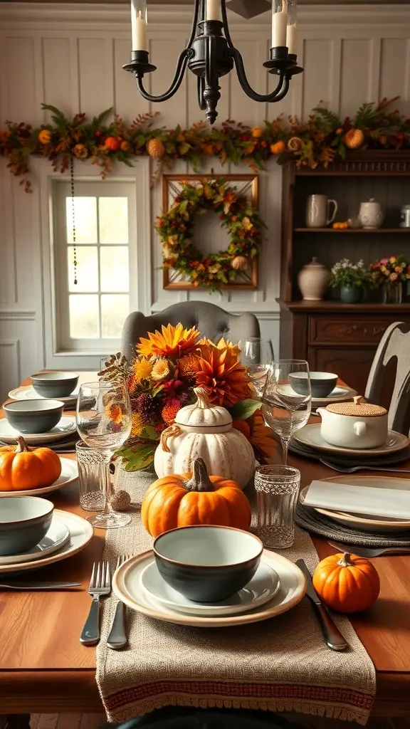25+ Stunning Thanksgiving Table Settings to Elevate Your Holiday Feast 15 A beautifully set Thanksgiving table with autumn decorations, including pumpkins and flowers.