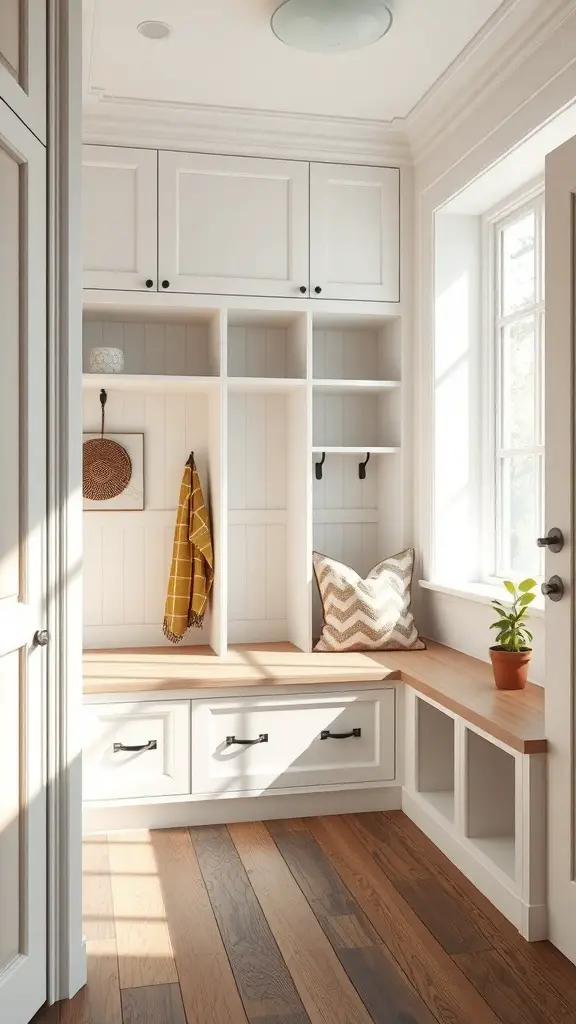 A bright mudroom with built-in lockers and seating, featuring open shelves and drawers.