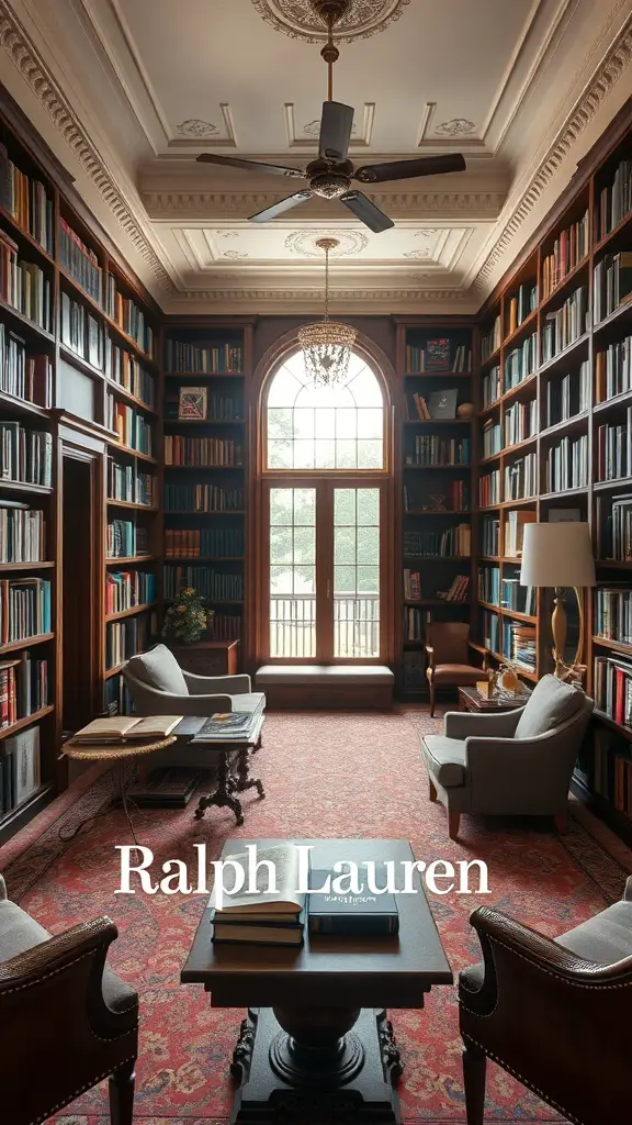 29+ Stunning Ralph Lauren Library Designs You’ll Love 8 A cozy library with bookshelves filled with books, elegant seating, and a warm atmosphere.