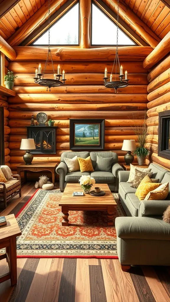 Cozy log cabin living room with wooden walls, comfortable sofas, and warm lighting.
