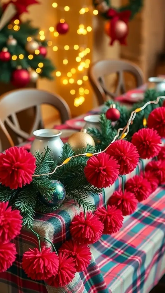 27+ Festive Tartan Christmas Decorations to Elevate Your Holiday Decor 3 A festive table decorated with crimson pom-poms, a tartan tablecloth, and holiday ornaments.