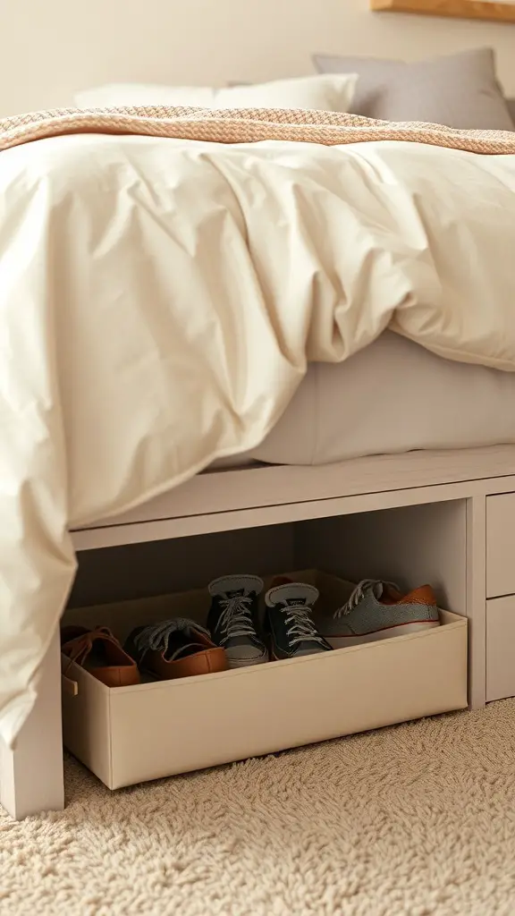Under-bed shoe organizer with various shoes stored inside