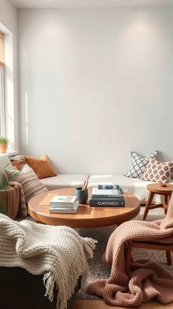 A cozy reading nook featuring a round coffee table with books, soft blankets, and comfortable seating.