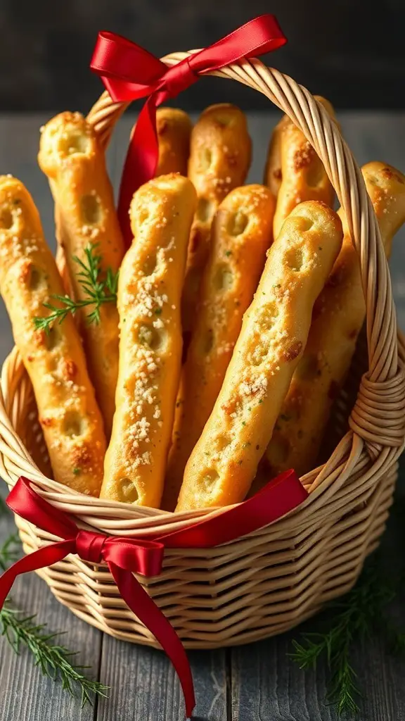 A basket of garlic Parmesan breadsticks tied with a red ribbon, showcasing their golden brown color and cheesy topping.