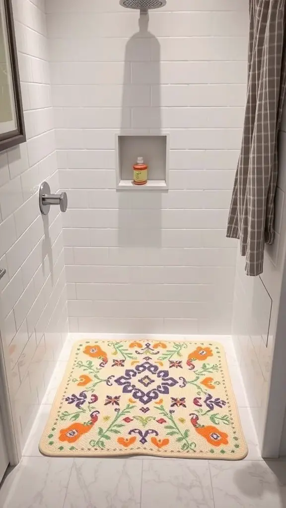 A colorful decorative shower mat with floral patterns in a small shower.