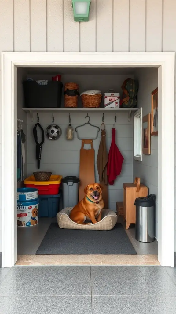 27+ Creative Garage Entryway Ideas for a Stylish Welcome 13 A cozy garage entryway featuring a dog bed, storage bins, and organized pet supplies.