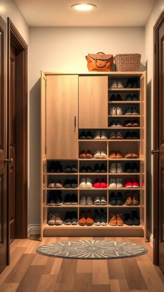 A wooden shoe cabinet in an entryway with various shoes organized on shelves.