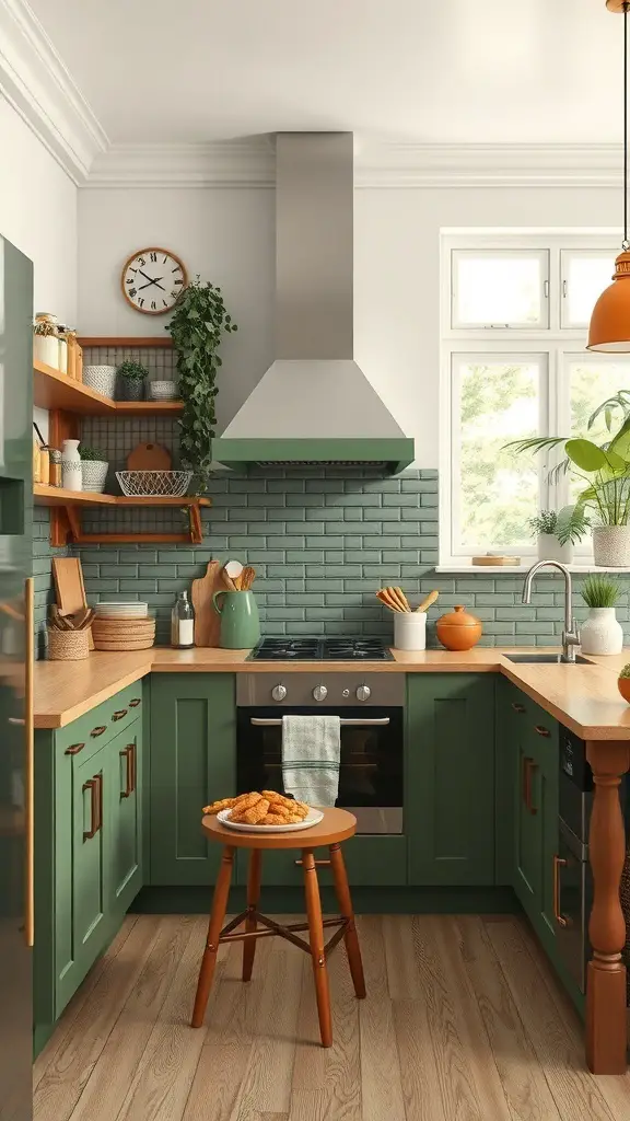 A cozy kitchen featuring green cabinetry, wooden shelves, and a warm color scheme.