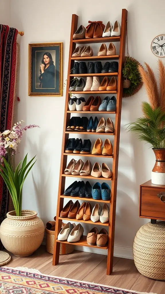A wooden shoe ladder display with various pairs of shoes arranged on it.