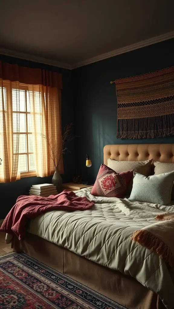 31+ Dark Boho Bedroom Ideas 8 A cozy dark boho bedroom featuring a bed with various textured pillows and a soft throw blanket, deep wall colors, and a woven wall hanging.