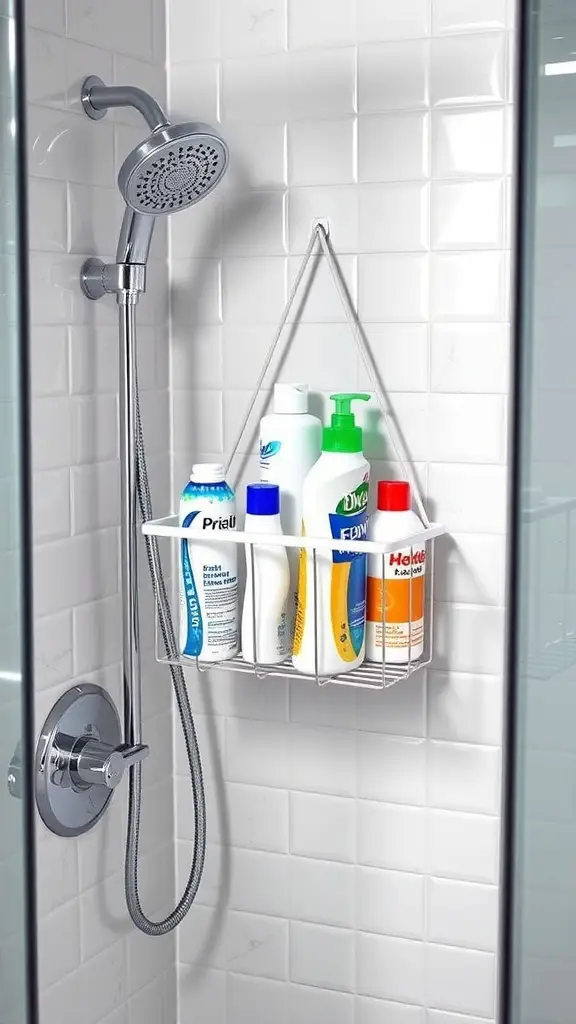 A space-saving shower caddy mounted in a shower, holding various bottles of shampoo and body wash.