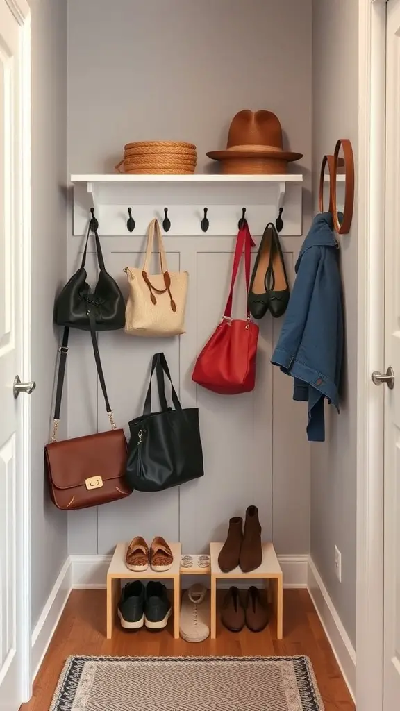 A shoe rack with hooks for bags and accessories, featuring a top shelf with a hat and basket.
