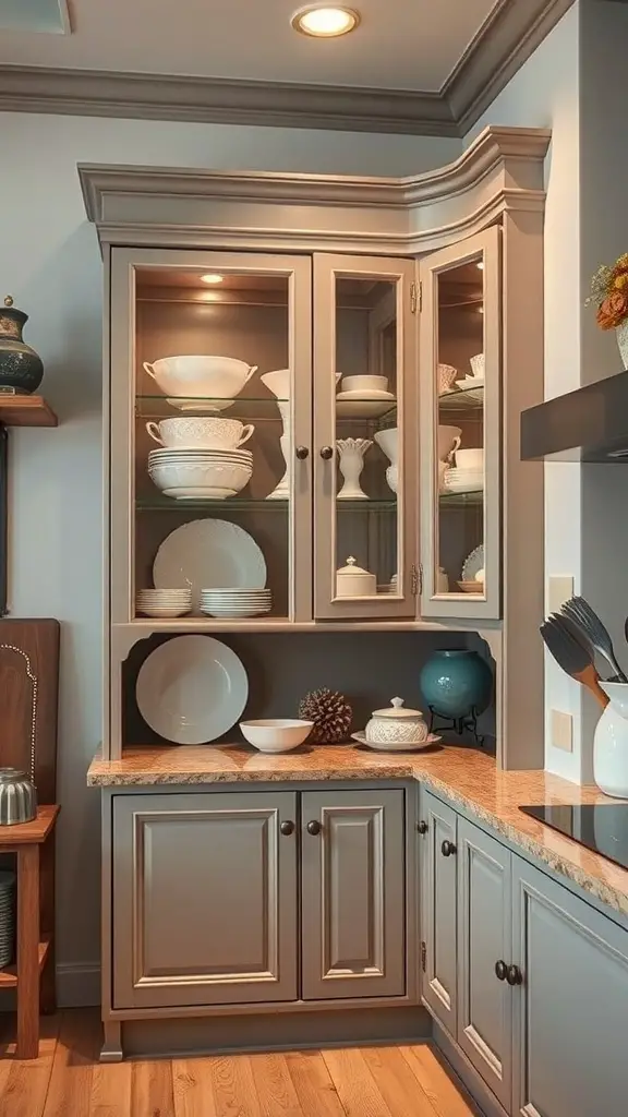 A stylish glass-front corner cabinet showcasing white dishware in a kitchen.