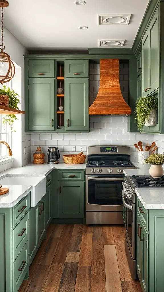 27+ Stunning Green Rustic Kitchen Cabinets for a Charming Makeover 5 A rustic kitchen featuring green cabinets, wooden accents, and modern appliances.