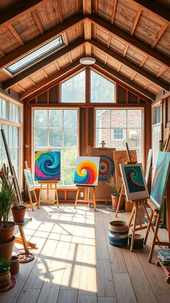 Interior of an art studio shed with natural light, featuring easels, colorful paintings, and plants.