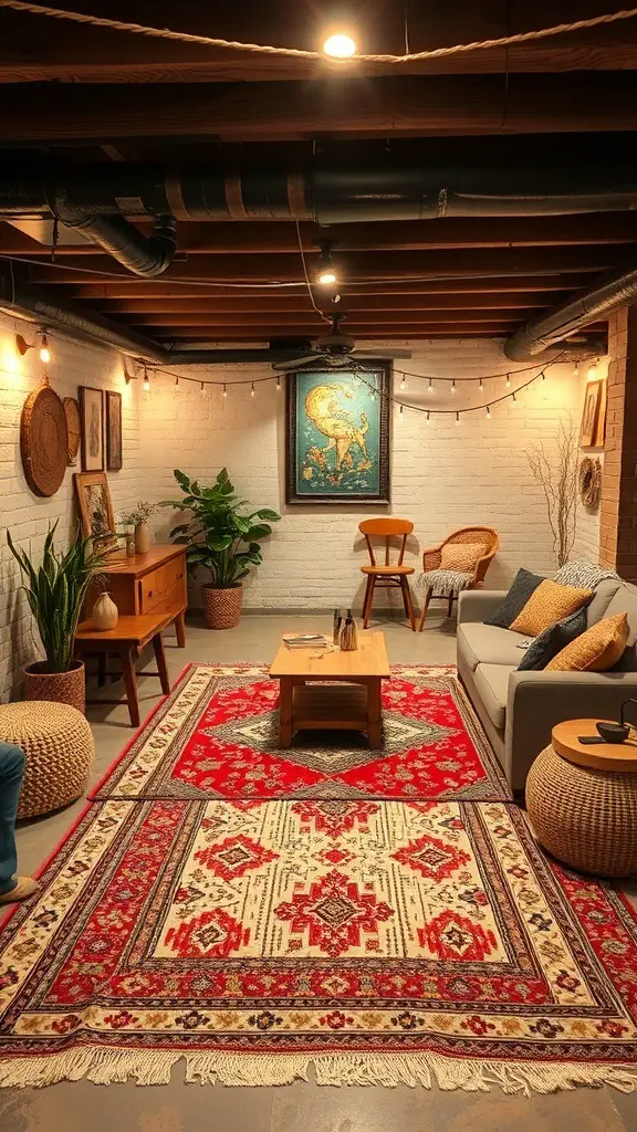 25+ Stunning Boho Basement Ideas to Transform Your Space 7 A cozy basement with layered rugs, featuring a red patterned rug on top of a lighter base rug, surrounded by comfortable furniture.