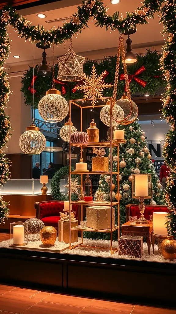 27+ Stunning Holiday Window Displays to Inspire Your Seasonal Decor 13 A festive holiday window display featuring a Christmas tree, gold and silver ornaments, and cozy red seating.