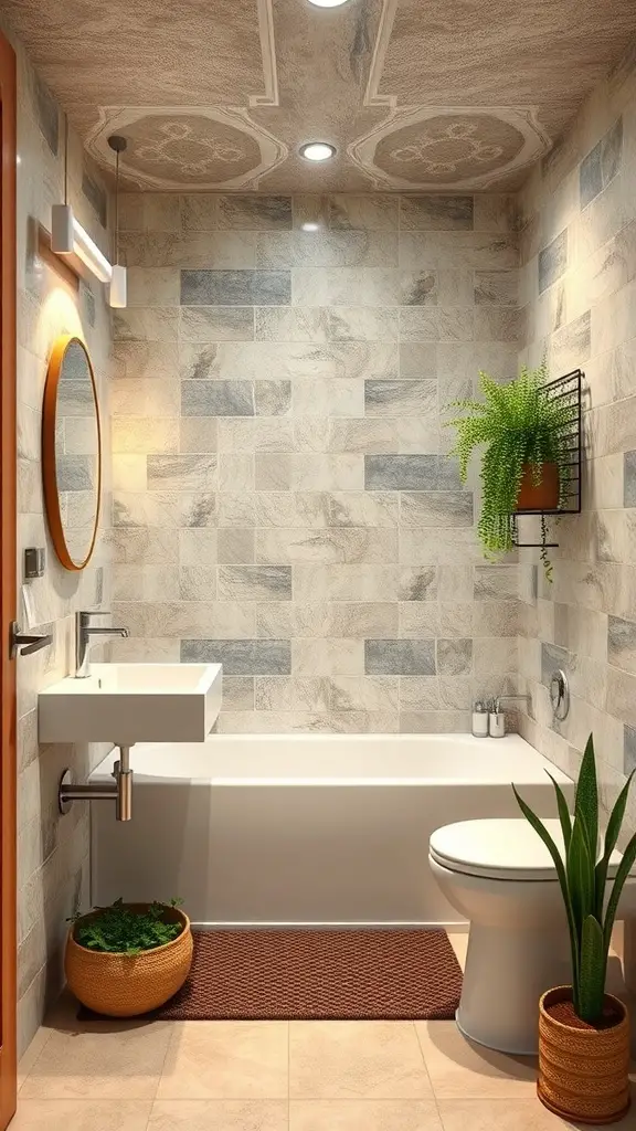 A modern basement bathroom featuring stone tiles, a low-flow sink, and decorative plants.