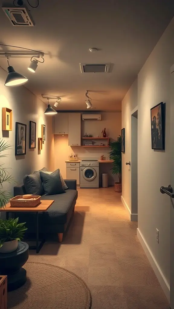 Cozy basement hallway with track lighting and a couch