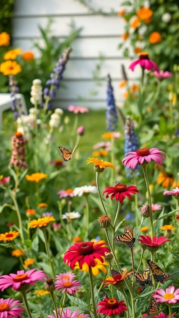 A colorful cottage garden filled with various flowers attracting butterflies.